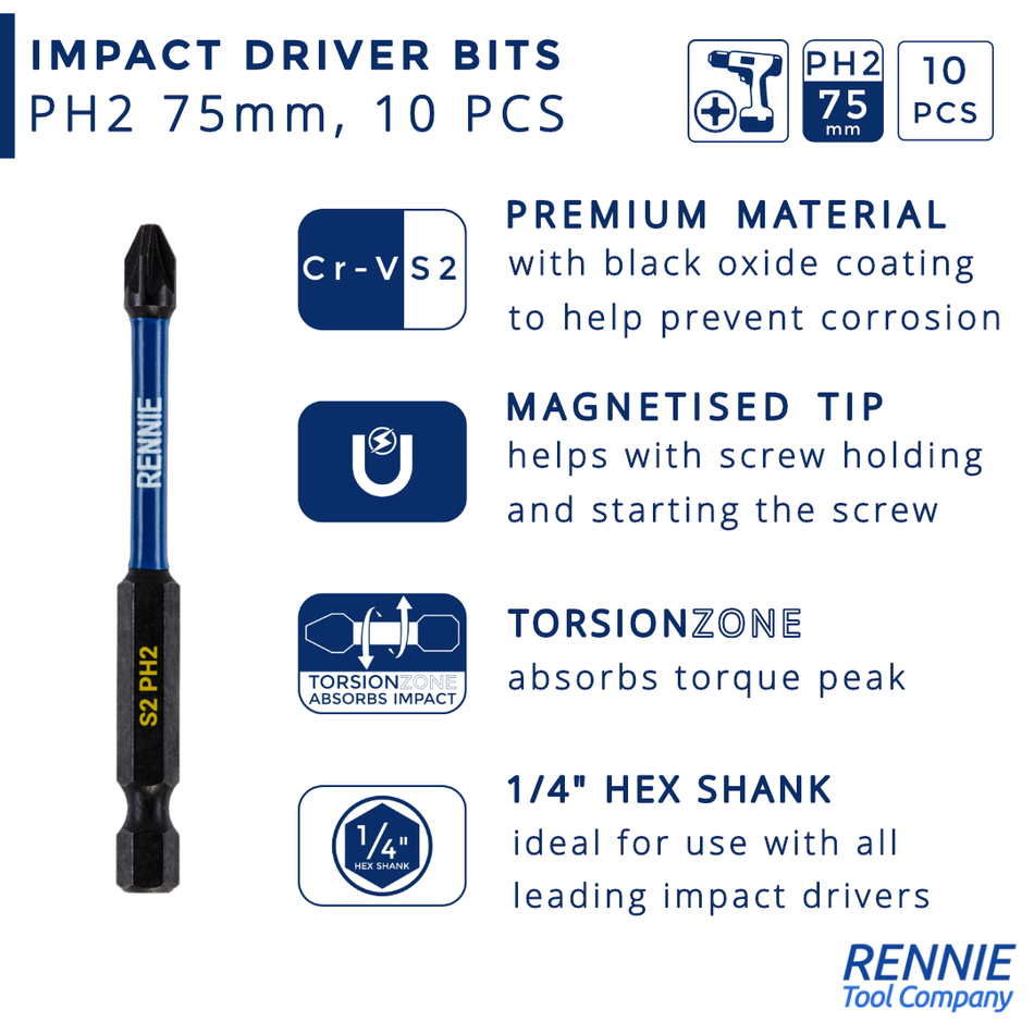 10P PH2 x 75mm Magnetic Impact Screwdriver Bits Set – Rennie Tool Company