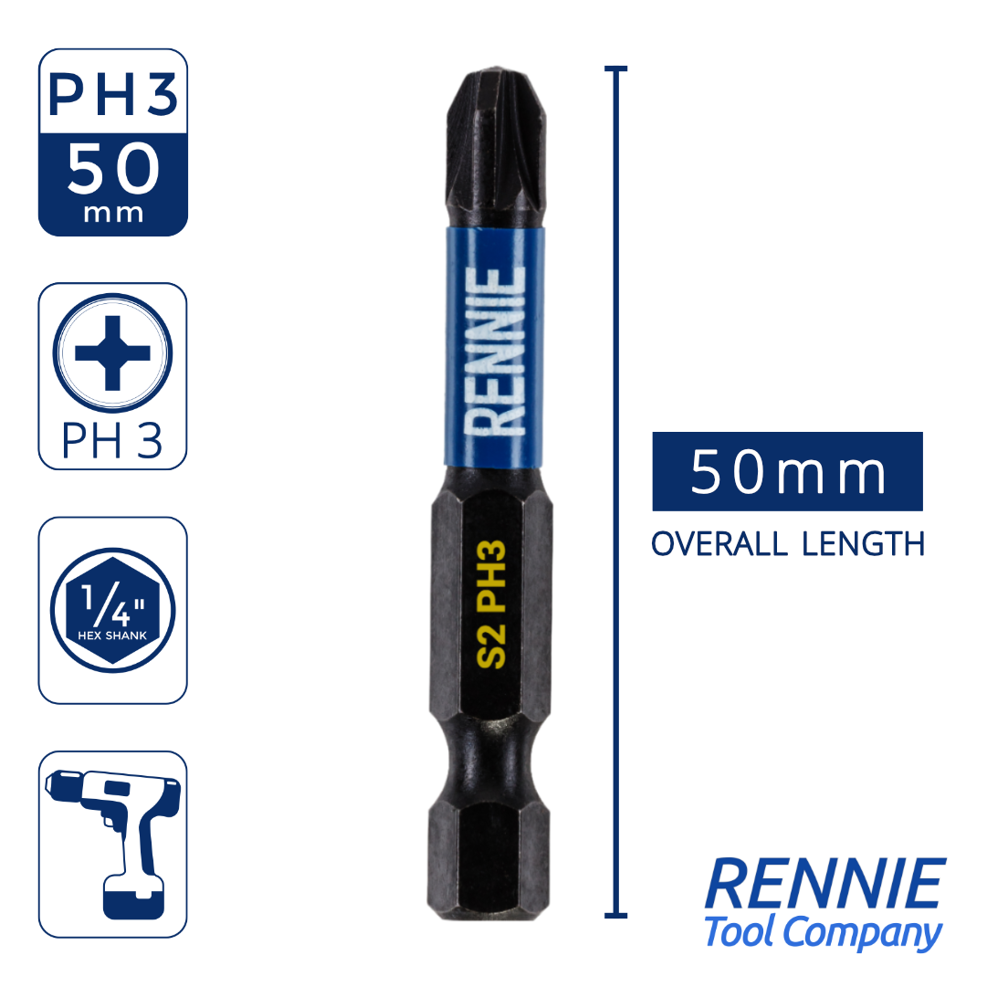 10-Piece PH3 Magnetic Phillips Screwdriver Bits - Anti-Slip Impact Rated, S2 Steel, 2" Length (1/4" Hex)