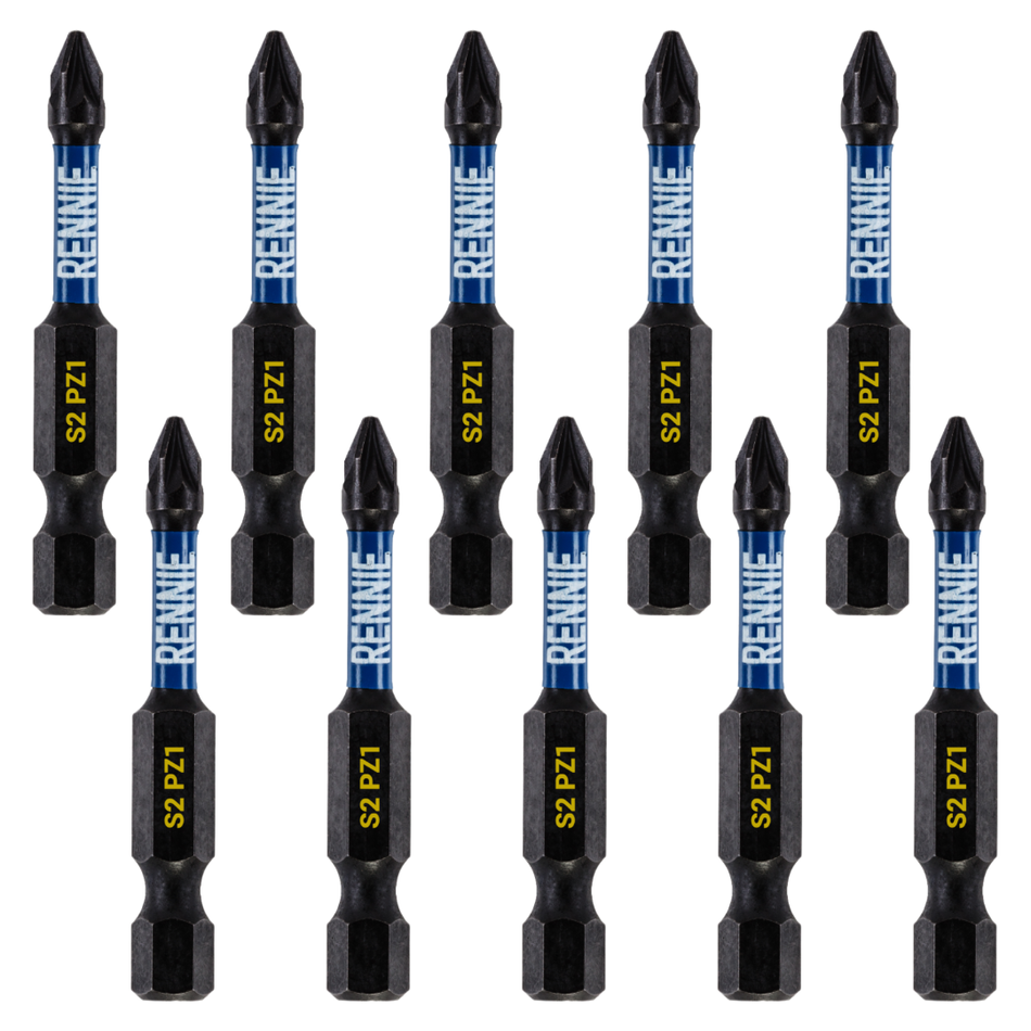 10 Pack PZ1 x 50mm Magnetic Impact Screwdriver Bits Set Pozidriv (Pozi 1)
