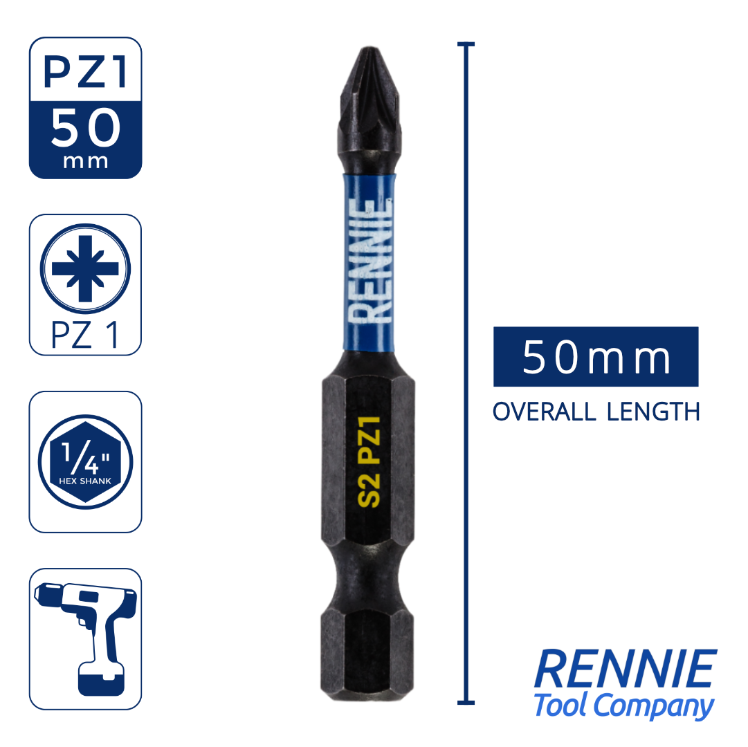 10-Pack PZ1 Magnetic Impact Screwdriver Bits – 50mm