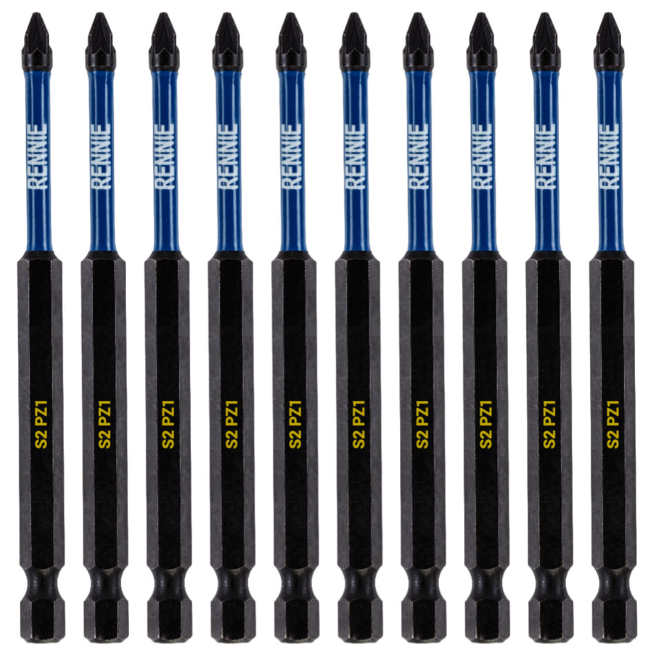 10 Pack PZ1 x 100mm Long Magnetic Impact Screwdriver Bits Set Pozidriv (Pozi 1)