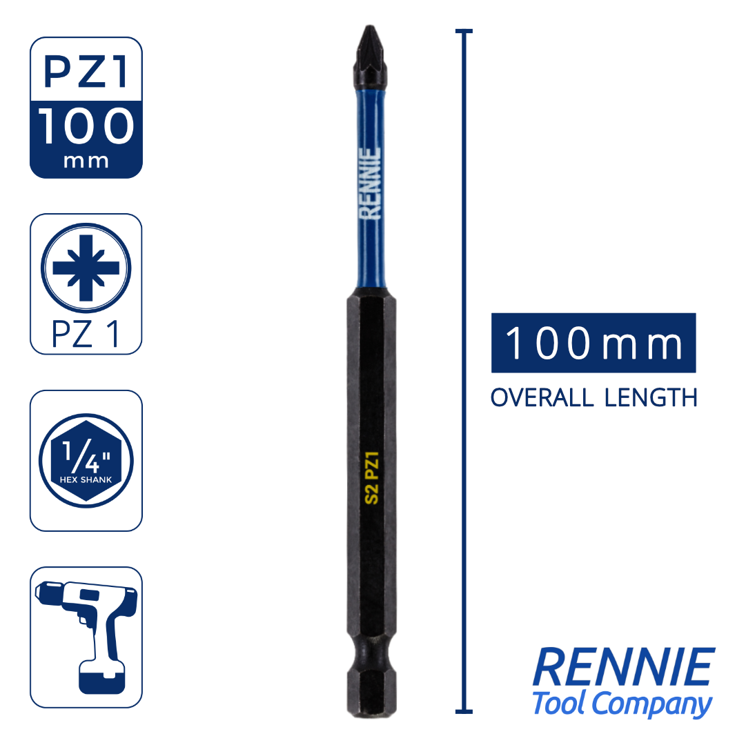 10x PZ1 Schlagschrauber-Bit-Set Von Rennie Tools – 100 Mm Lang, Magnetisch, Für Hohes Drehmoment & Professionellen Einsatz