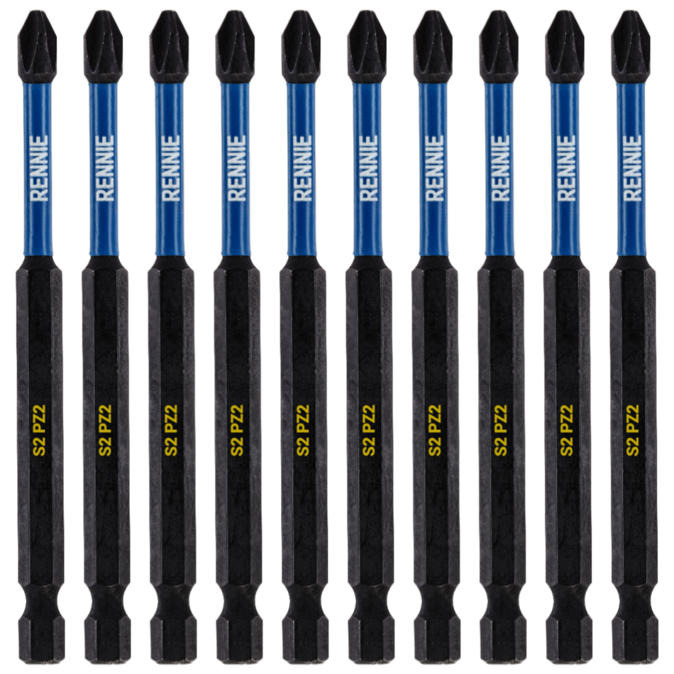 10 Pack PZ2 x 100mm Long Magnetic Screwdriver Bits Set Pozidriv (Pozi 2)