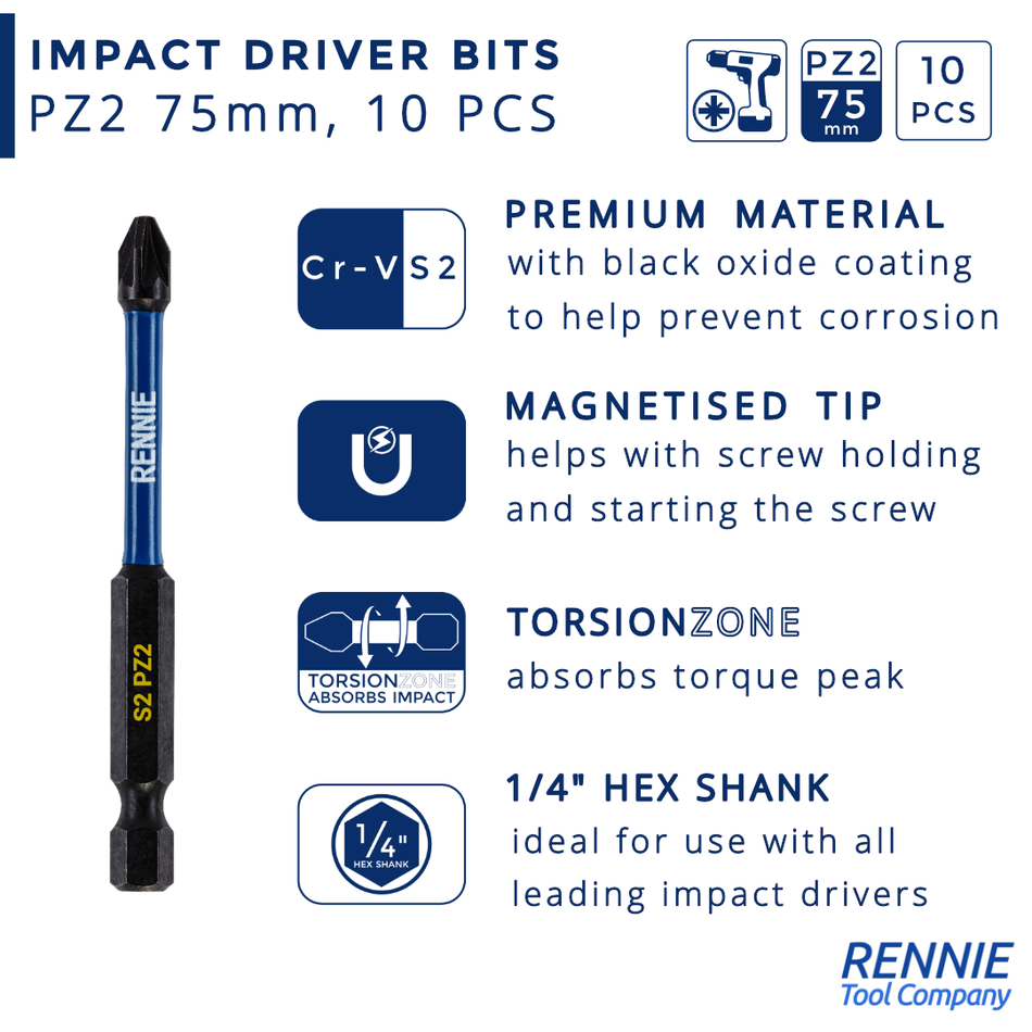 10P - PZ2 x 75mm Magnetic Impact Screwdriver Bits Set – Rennie Tool Company