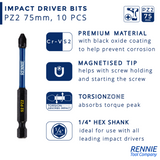 5 Pack PZ2 x 75mm Magnetic Impact Screwdriver Bits Set Pozidriv (Pozi 2) + 60mm Bit Holder
