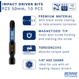 10 Pack PZ3 x 50mm Magnetic Screwdriver Bits Set Pozidriv (Pozi 3)