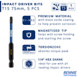 5 Pack - T15 Torx 75mm Long Magnetic Impact Screwdriver Bits Set TX15