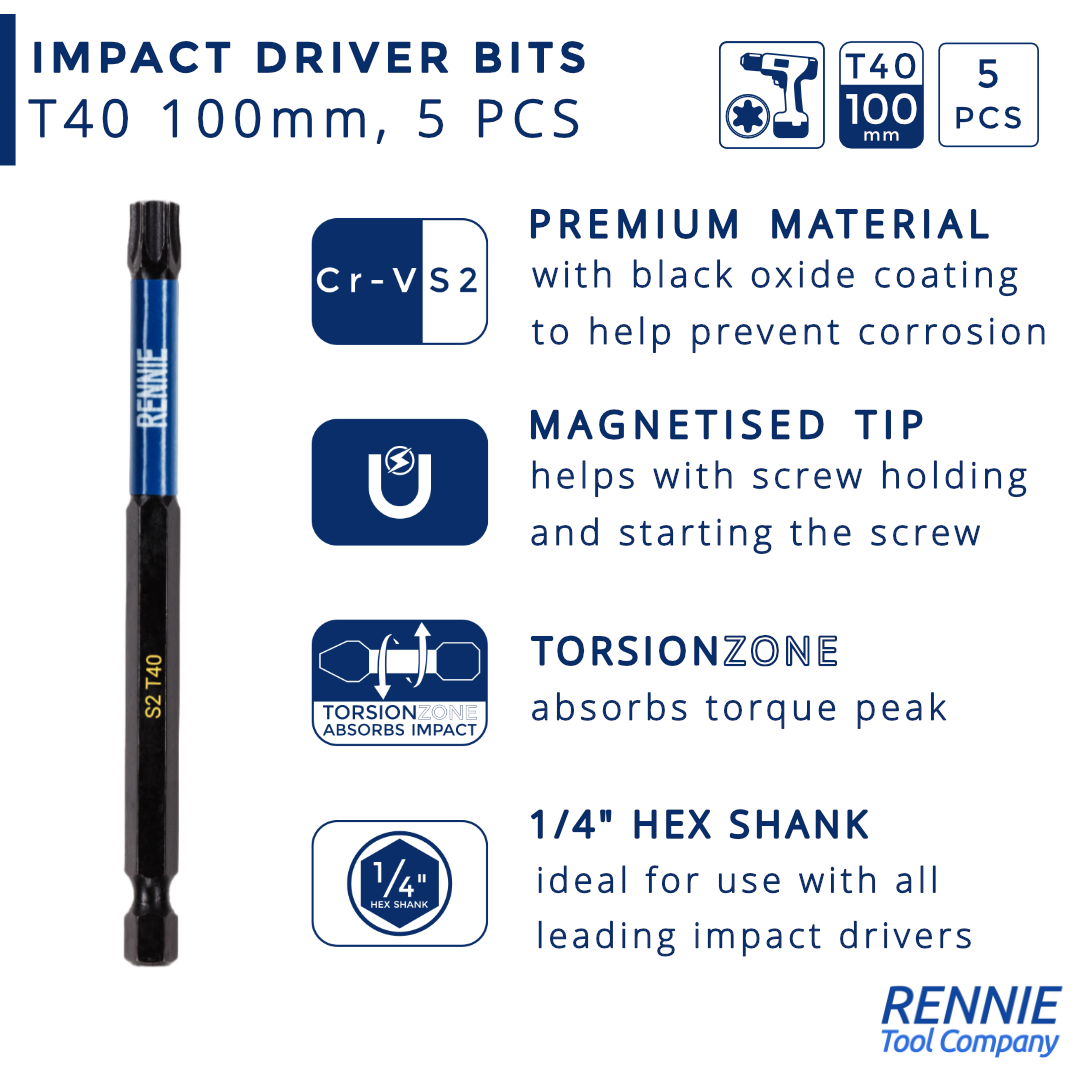 5 Pack T40 Torx Impact Bits Set 100mm Magnetic Durable