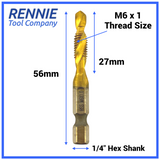 M6 x 1 Combination Tap And Drill Bits HSS Titanium Coated. 1/4" Hex Shank