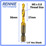 M5 x 0.8 Combination Tap And Drill Bits HSS Titanium Coated. 1/4" Hex Shank