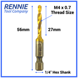 M4 x 0.7 Combination Tap And Drill Bits HSS Titanium Coated. 1/4" Hex Shank