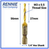 M3 x 0.5 Combination Tap And Drill Bits HSS Titanium Coated. 1/4" Hex Shank