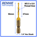 M3.5 x 0.6 Combination Tap And Drill Bits HSS Titanium Coated. 1/4" Hex Shank