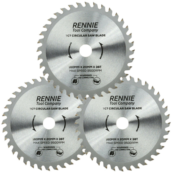 3 Pack - 160mm x 36T TCT Circular Wood Saw Blades Fits Bosch, Makita, Black & Decker, ,Festool TS55 etc