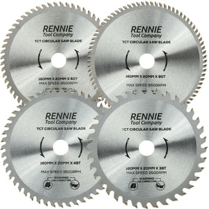 4 Pack - 160mm x 36T 48T 60T & 80T TCT Circular Wood Saw Blades Fits Bosch, Makita, Black & Decker, Dewalt Festool TS55 etc