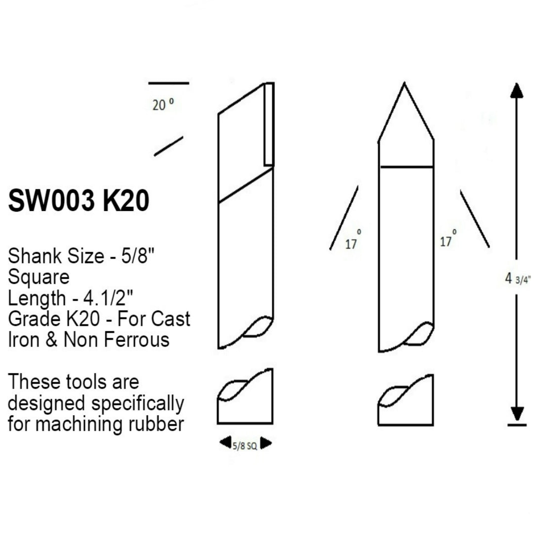 SW003 K20 Brazed Carbide Tipped Lathe Tool For Machining Rubber