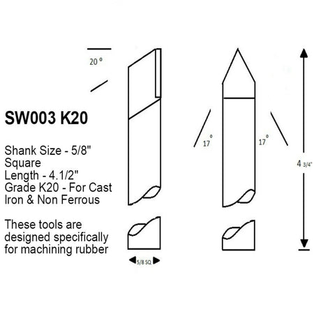 SW003 K20 Brazed Carbide Tipped Lathe Tool For Machining Rubber