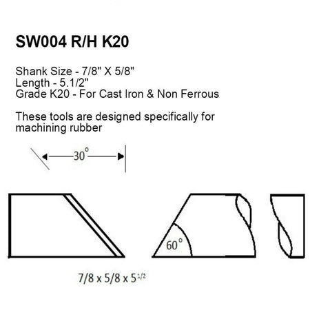 SW004 L/H K20 Brazed Carbide Tipped Lathe Tool For Machining Rubber