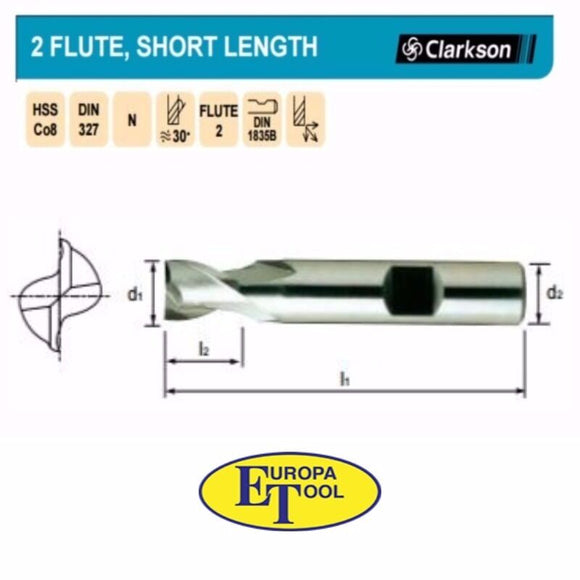 22mm Europa Tool 2 Flute HSS Co8 Slot Drills All Sizes. Flatted Shank Cobalt End Mill
